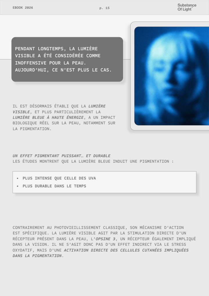 Page de l'ebook : la lumière bleue et la pigmentation